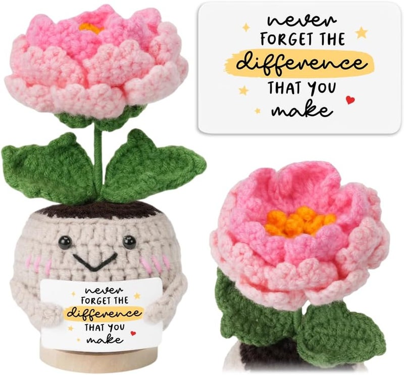HEXMOZ Handmade Peony Flower Crochet Gift with Positive Card, Thank You Gifts for Women, Teacher Appreciation Gifts, Handmade Collectible Peony Doll Emotional Support Crochet Present for Nurse Boss Coworker - Image 1